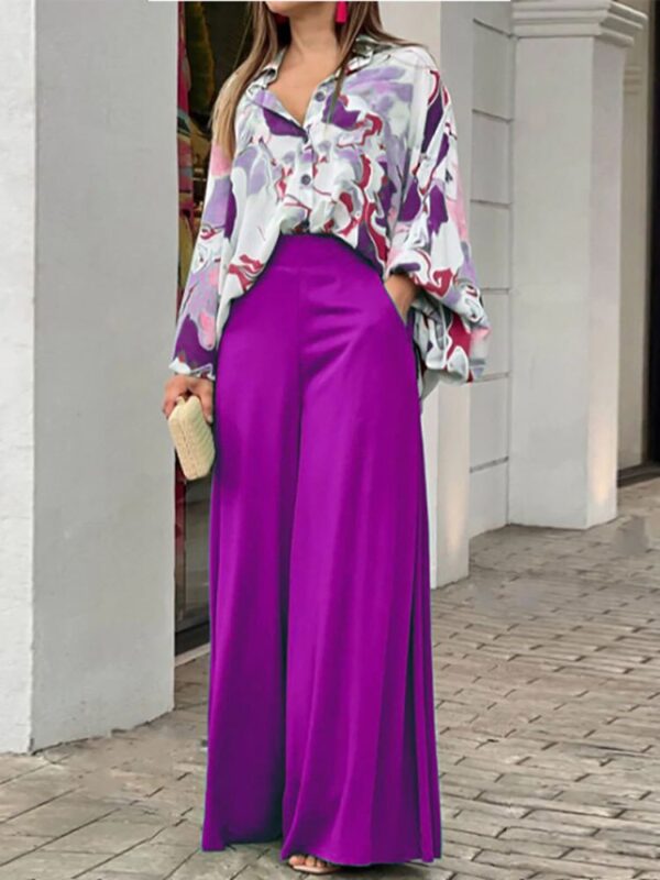 Commute Women Office Sets 2022 Lapel Button Lantern Sleeve Shirt Pockets Straight Pant Suits Spring Summer Fashion Printed Set - Image 2