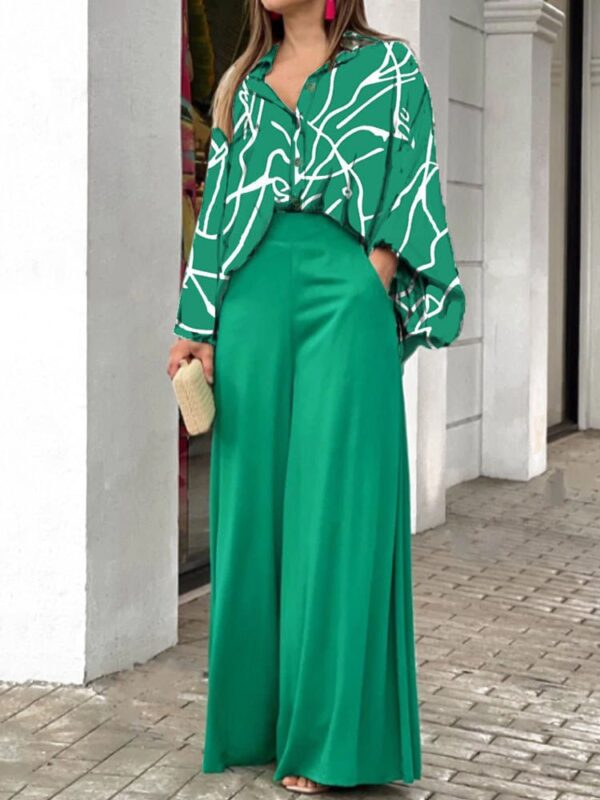 Commute Women Office Sets 2022 Lapel Button Lantern Sleeve Shirt Pockets Straight Pant Suits Spring Summer Fashion Printed Set - Image 5