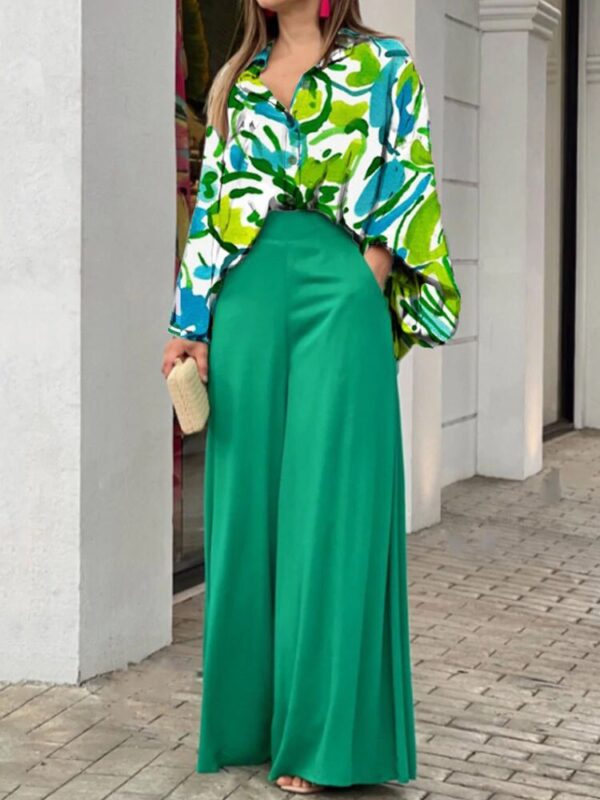 Commute Women Office Sets 2022 Lapel Button Lantern Sleeve Shirt Pockets Straight Pant Suits Spring Summer Fashion Printed Set - Image 6