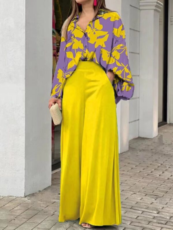 Commute Women Office Sets 2022 Lapel Button Lantern Sleeve Shirt Pockets Straight Pant Suits Spring Summer Fashion Printed Set