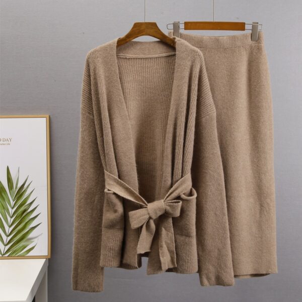 Hirsionsan Soft Vintage Lace Up Women Suits 2 Pieces Female Sets with Belt V Neck Cardigan & Midi Dress Ladies Knitted TrackSuit - Image 5