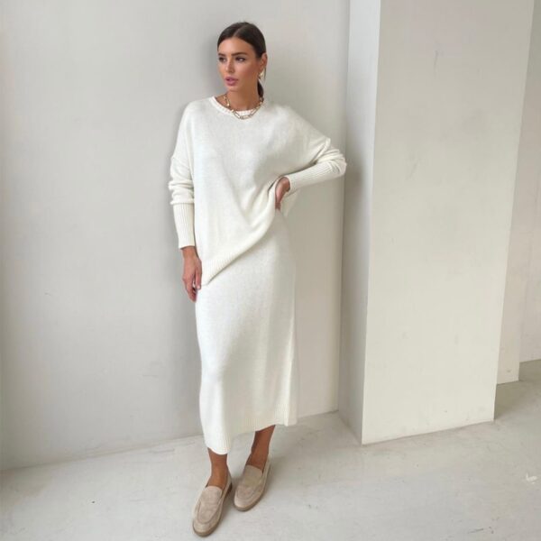 Hirsionsan Soft Vintage Lace Up Women Suits 2 Pieces Female Sets with Belt V Neck Cardigan & Midi Dress Ladies Knitted TrackSuit - Image 3