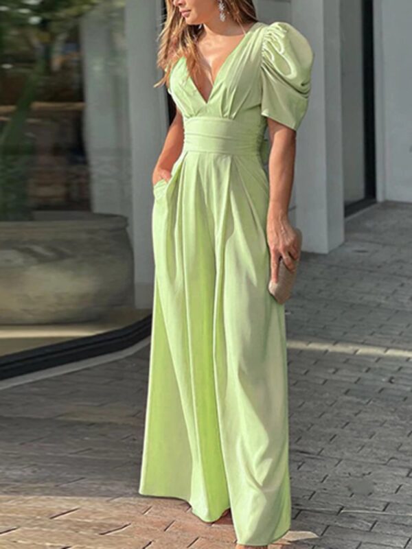 Women Sexy Backless Lace-Up Bow Romper Sexy Puff Sleeve Pocket Playsuits Fashion Solid Color V-Neck High Waist Wide Leg Jumpsuit - Image 4