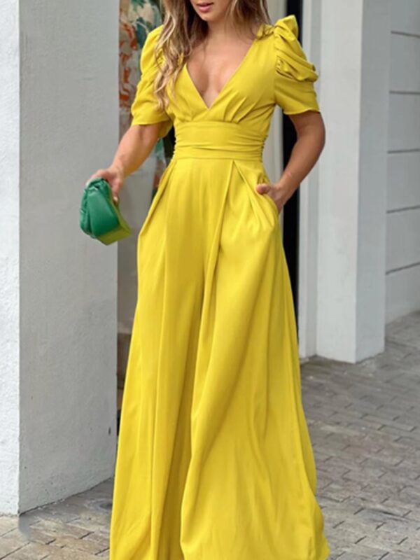 Women Sexy Backless Lace-Up Bow Romper Sexy Puff Sleeve Pocket Playsuits Fashion Solid Color V-Neck High Waist Wide Leg Jumpsuit - Image 5